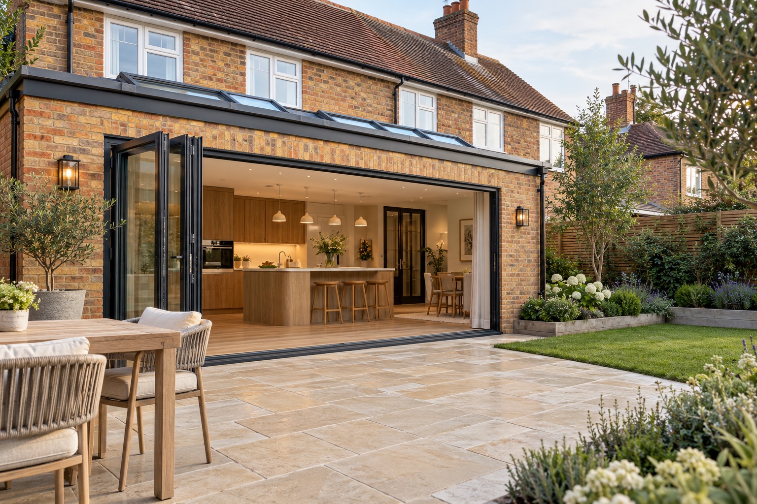 Illustrative brick home extension with a fitted kitchen, stone patio and landscaped garden